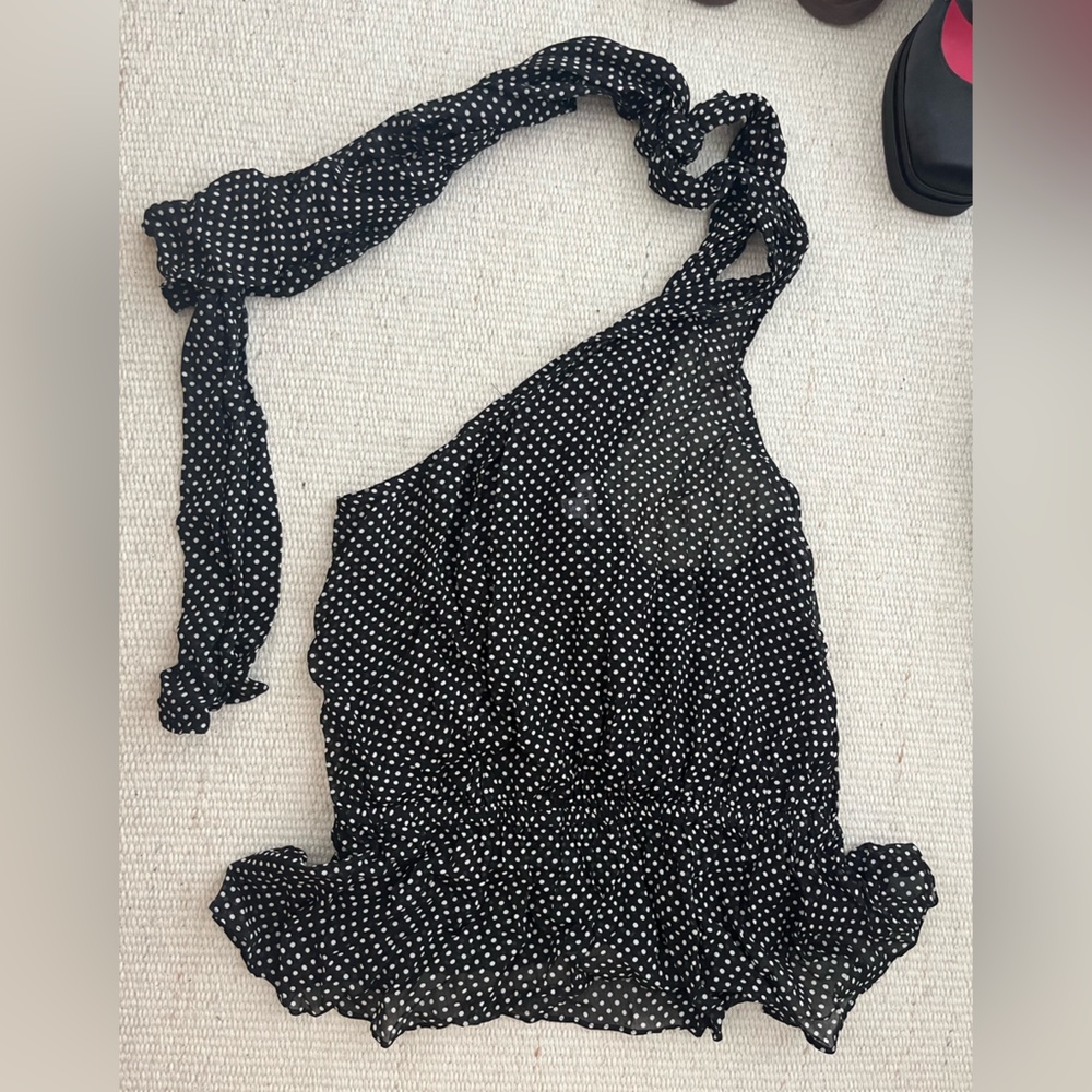 Reiss Black and White Polka Dot Top with long neck scarf detail